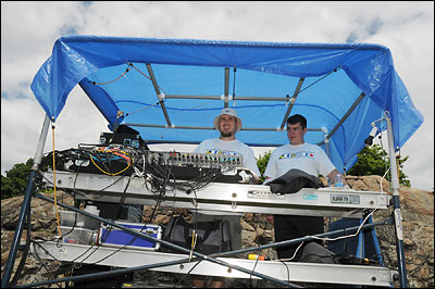 Setting up the control booth at Crocker Park.