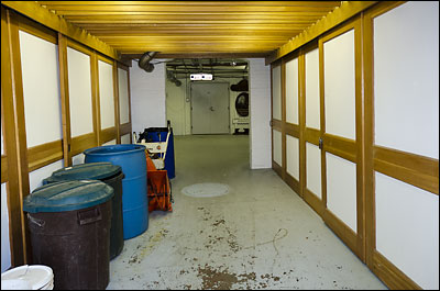 Basement hallway leading from rear entrance to central area and main hallway.