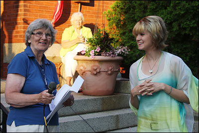 Rebecca Purchase receiving Art Scholasrhip Award, presented by Peggy Reynolds.