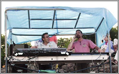 Photo of Jim Merritt and Rob Macomber in Crocker Park sound-and-lights control booth.